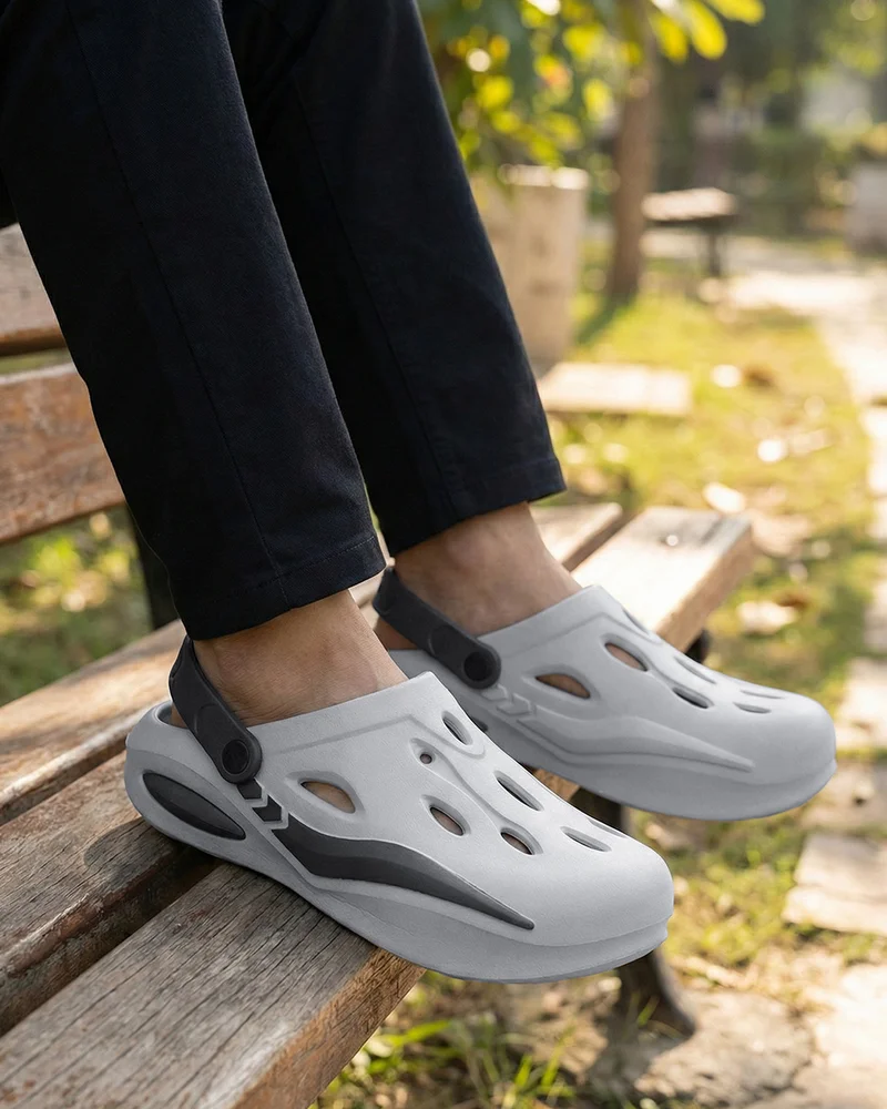 bewakoof Men's Grey & Black Color Block Comfy Clogs